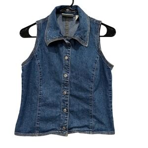 GAP Blue Jeans Denim Vest Women Medium Sleeveless Collared Button Up Shirt‎